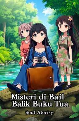 An anime cover for the short story "Misteri di Balik Buku Tua" featuring three characters sitting around an old brown book that looks worn and damaged