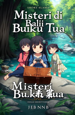 An anime cover for the short story "Misteri di Balik Buku Tua" featuring three characters sitting around an old brown book that looks worn and damaged