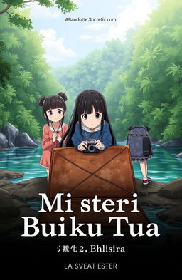 An anime cover for the short story "Misteri di Balik Buku Tua" featuring three characters sitting around an old brown book that looks worn and damaged