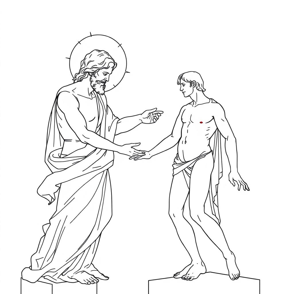 A line art depiction of the famous artwork 'The Creation of Adam' by Michelangelo, characterized by elegant and intricate lines capturing the moment of divine touch between God and Adam