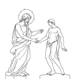 A line art depiction of the famous artwork 'The Creation of Adam' by Michelangelo, characterized by elegant and intricate lines capturing the moment of divine touch between God and Adam