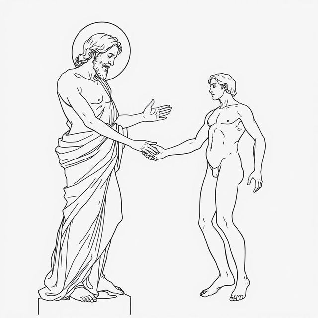 A line art depiction of the famous artwork 'The Creation of Adam' by Michelangelo, characterized by elegant and intricate lines capturing the moment of divine touch between God and Adam