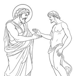 A line art depiction of the famous artwork 'The Creation of Adam' by Michelangelo, characterized by elegant and intricate lines capturing the moment of divine touch between God and Adam