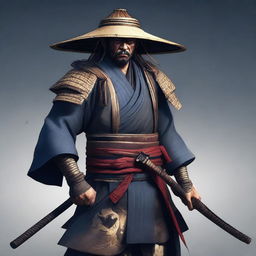 This is a high-quality, realistic concept art of a ronin samurai, dressed in traditional attire with a rice hat