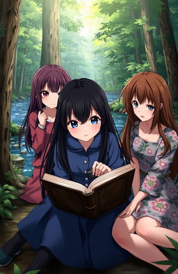 A captivating anime scene depicting three girls sitting in a forest near a clear river, focused on a worn, brown-covered old book