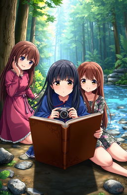 A captivating anime scene depicting three girls sitting in a forest near a clear river, focused on a worn, brown-covered old book