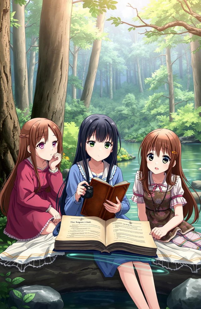 A captivating anime scene depicting three girls sitting in a forest near a clear river, focused on a worn, brown-covered old book