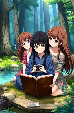 A captivating anime scene depicting three girls sitting in a forest near a clear river, focused on a worn, brown-covered old book