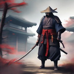 This is a high-quality, realistic concept art of a ronin samurai, dressed in traditional attire with a rice hat