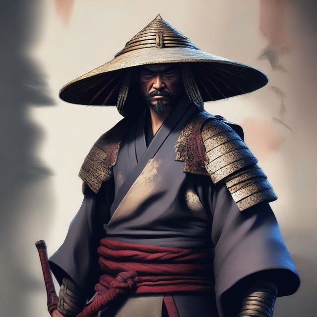 This is a high-quality, realistic concept art of a ronin samurai, dressed in traditional attire with a rice hat