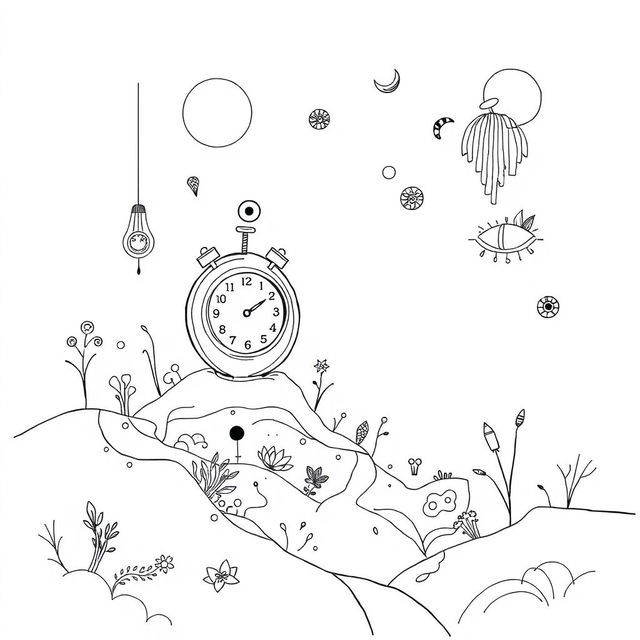 A simple yet captivating line art piece inspired by surrealism, featuring whimsical and dreamlike elements