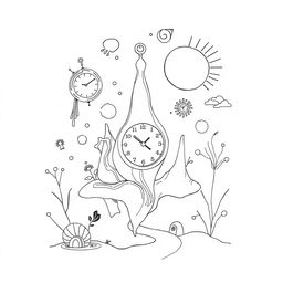 A simple yet captivating line art piece inspired by surrealism, featuring whimsical and dreamlike elements