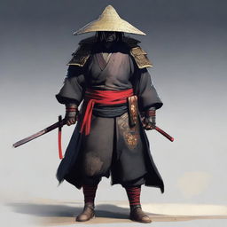 This is a high-quality, realistic concept art of a ronin samurai, dressed in traditional attire with a rice hat