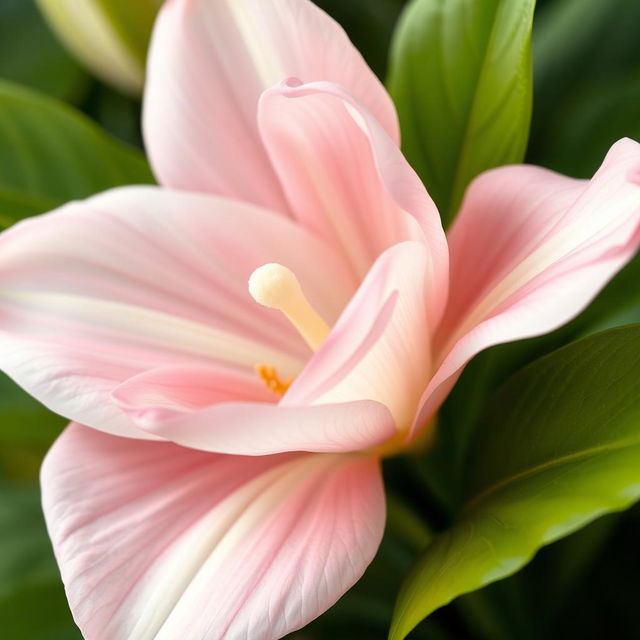 A beautifully stylized close-up illustration of an elegant flower resembling the delicate features of a vagina, showcasing soft petals in shades of pink and white, surrounded by lush green leaves