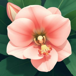 A beautifully stylized close-up illustration of an elegant flower resembling the delicate features of a vagina, showcasing soft petals in shades of pink and white, surrounded by lush green leaves