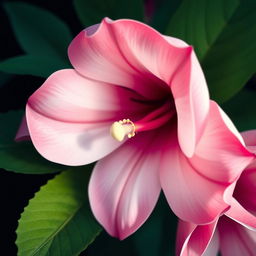 A beautifully stylized close-up illustration of an elegant flower resembling the delicate features of a vagina, showcasing soft petals in shades of pink and white, surrounded by lush green leaves