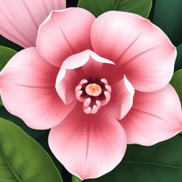 A beautifully stylized close-up illustration of an elegant flower resembling the delicate features of a vagina, showcasing soft petals in shades of pink and white, surrounded by lush green leaves