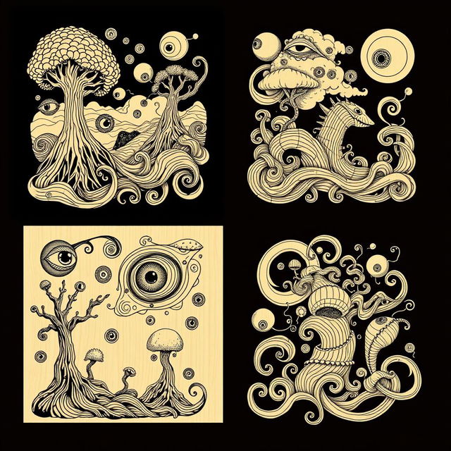 A collection of surrealism-inspired line art designs specifically created for pyrography, featuring a series of imaginative elements that blend the whimsical with the organic