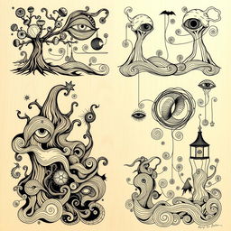 A collection of surrealism-inspired line art designs specifically created for pyrography, featuring a series of imaginative elements that blend the whimsical with the organic