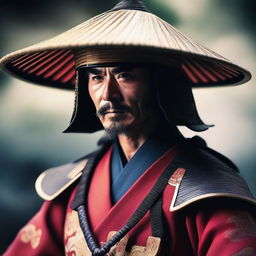 This is a photorealistic image of a ronin samurai, donning a traditional attire with a rice hat