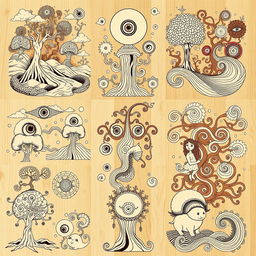 A collection of surrealism-inspired line art designs specifically created for pyrography, featuring a series of imaginative elements that blend the whimsical with the organic