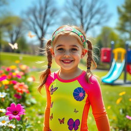 A vibrant and playful scene featuring a young girl with an expression of joy, clad in a bright, colorful lycra outfit designed for active play