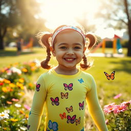 A vibrant and playful scene featuring a young girl with an expression of joy, clad in a bright, colorful lycra outfit designed for active play