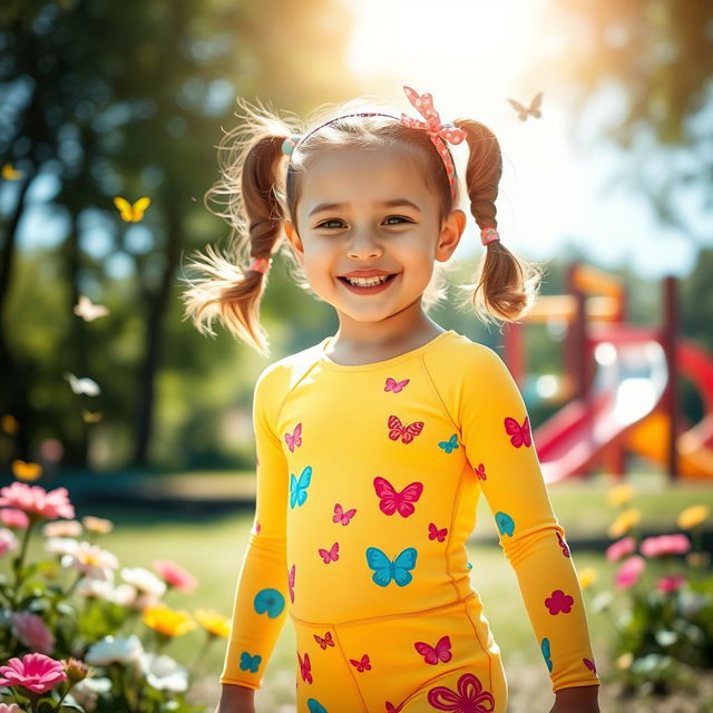 A vibrant and playful scene featuring a young girl with an expression of joy, clad in a bright, colorful lycra outfit designed for active play