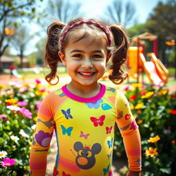 A vibrant and playful scene featuring a young girl with an expression of joy, clad in a bright, colorful lycra outfit designed for active play