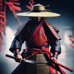 This is a photorealistic image of a ronin samurai, donning a traditional attire with a rice hat