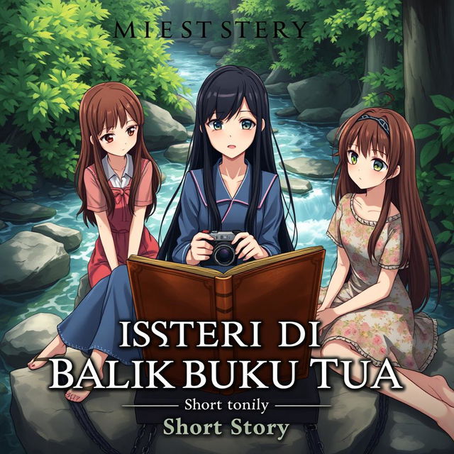 An enchanting anime cover for the short story titled 'MISTERI DI BALIK BUKU TUA