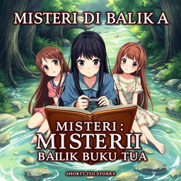 An enchanting anime cover for the short story titled 'MISTERI DI BALIK BUKU TUA