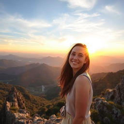 A woman enjoying a serene moment on top of a majestic mountain, surrounded by breathtaking views of lush valleys and distant peaks