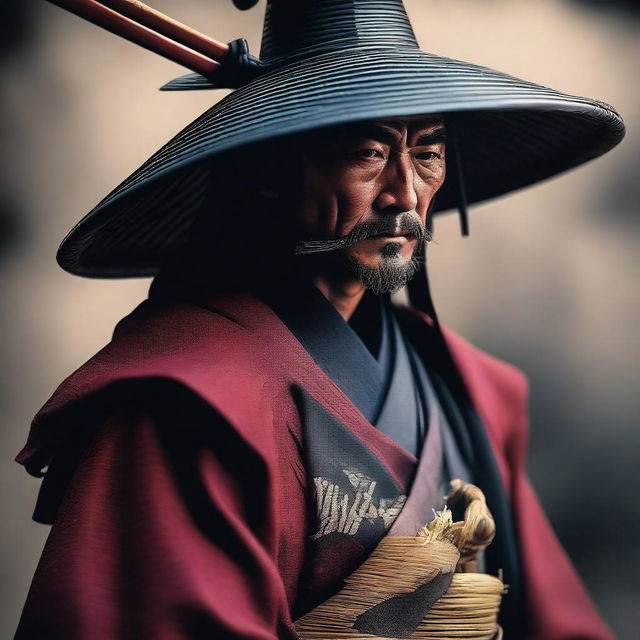 This is a photorealistic image of a ronin samurai, donning a traditional attire with a rice hat