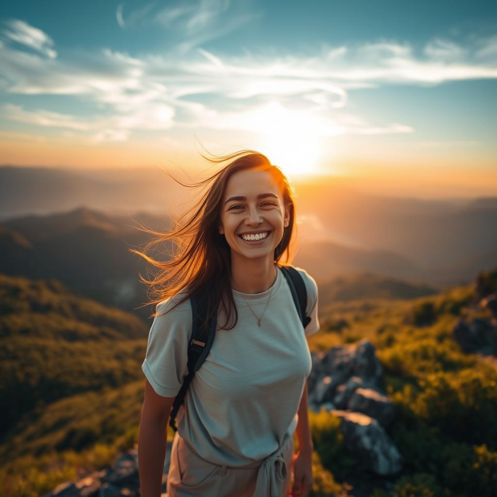 A woman enjoying a serene moment on top of a majestic mountain, surrounded by breathtaking views of lush valleys and distant peaks