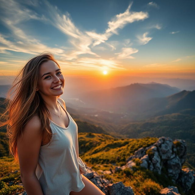 A woman enjoying a serene moment on top of a majestic mountain, surrounded by breathtaking views of lush valleys and distant peaks