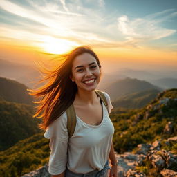 A woman enjoying a serene moment on top of a majestic mountain, surrounded by breathtaking views of lush valleys and distant peaks