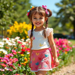 A fashionable young girl wearing a playful mini skirt, enjoying a sunny day in a vibrant park