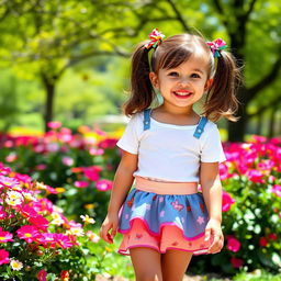 A fashionable young girl wearing a playful mini skirt, enjoying a sunny day in a vibrant park