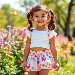 A fashionable young girl wearing a playful mini skirt, enjoying a sunny day in a vibrant park