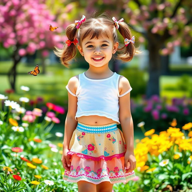 A fashionable young girl wearing a playful mini skirt, enjoying a sunny day in a vibrant park