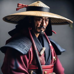 This is a photorealistic image of a ronin samurai, donning a traditional attire with a rice hat