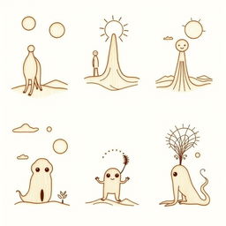 A series of simple surrealism line art designs tailored for pyrography, featuring minimalistic and imaginative elements