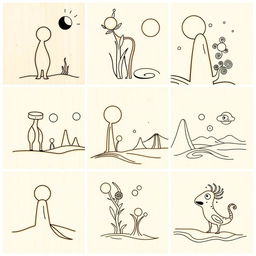 A series of simple surrealism line art designs tailored for pyrography, featuring minimalistic and imaginative elements