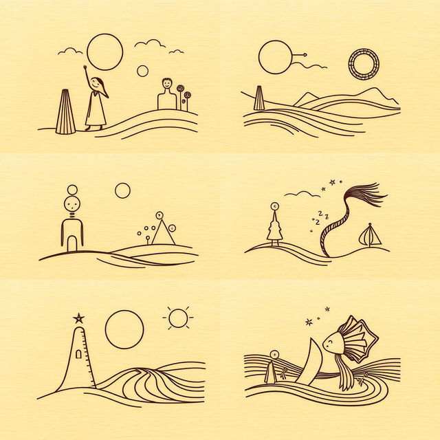 A series of simple surrealism line art designs tailored for pyrography, featuring minimalistic and imaginative elements