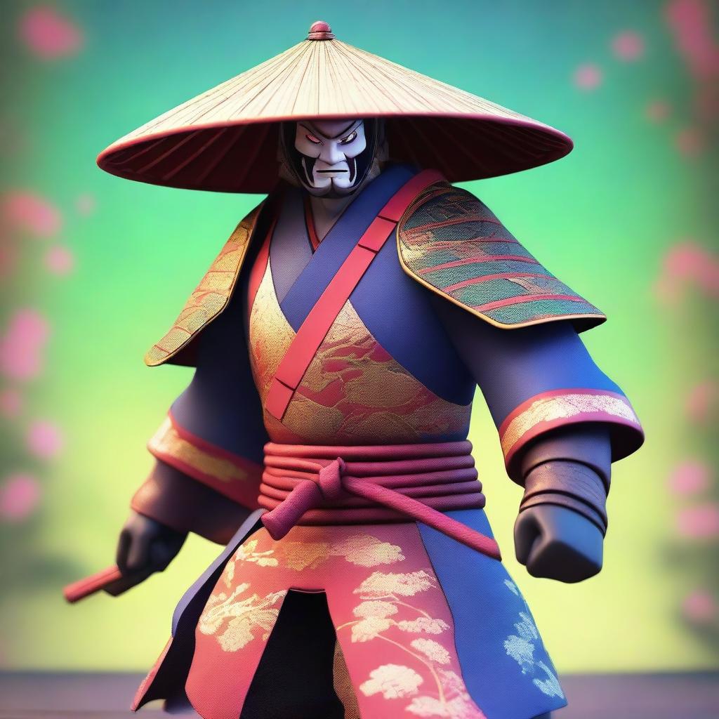 This is a Pixar-style 3D render of a ronin samurai, donned in traditional attire with a rice hat