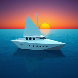 A modern boat designed exclusively using geometric shapes, featuring a sleek triangular hull, circular portholes, and rectangular sails