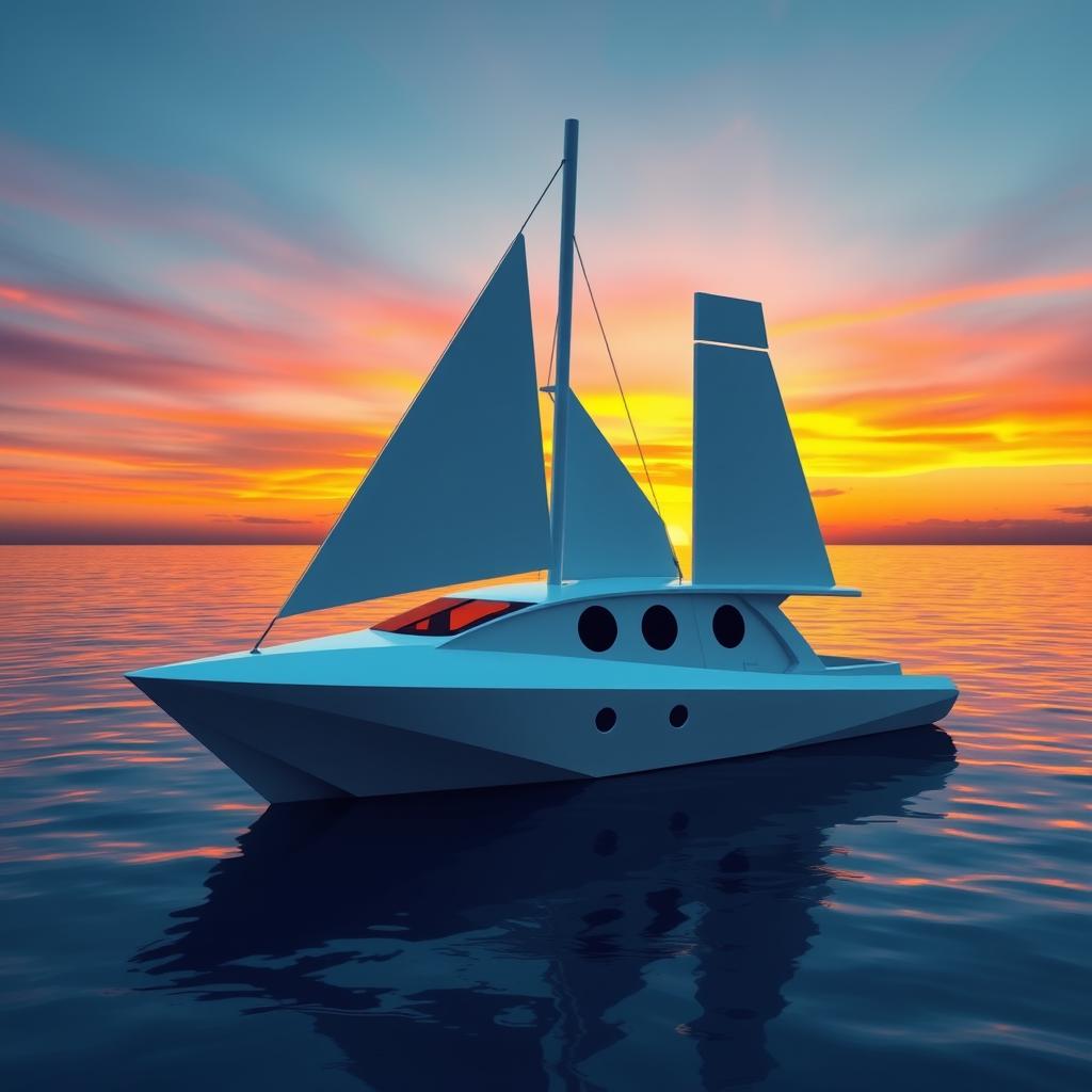 A modern boat designed exclusively using geometric shapes, featuring a sleek triangular hull, circular portholes, and rectangular sails