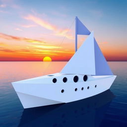 A modern boat designed exclusively using geometric shapes, featuring a sleek triangular hull, circular portholes, and rectangular sails