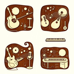 A series of surrealism-inspired line art designs for pyrography that creatively intertwine elements of music and a music studio